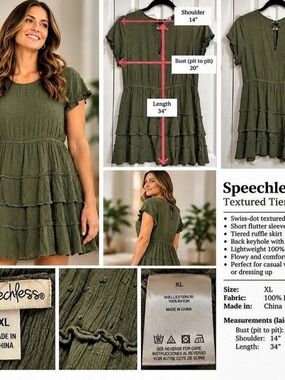 Speechless Textured Tiered Dress in Green Size XL Like New #174
